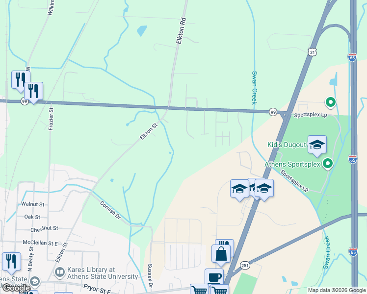 map of restaurants, bars, coffee shops, grocery stores, and more near 1113 Garrett Drive in Athens
