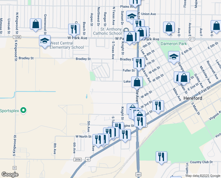 map of restaurants, bars, coffee shops, grocery stores, and more near 301-315 Lake Street in Hereford