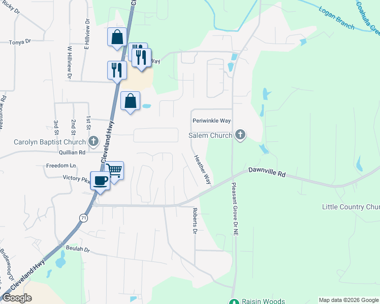 map of restaurants, bars, coffee shops, grocery stores, and more near 1432 Heather Way in Dalton