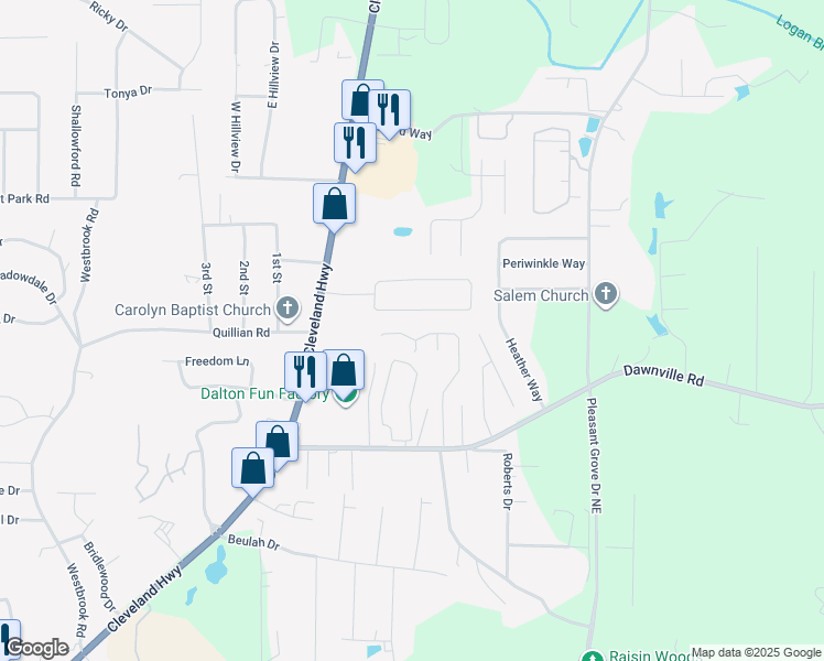 map of restaurants, bars, coffee shops, grocery stores, and more near 1453 Classic Chase Drive in Dalton