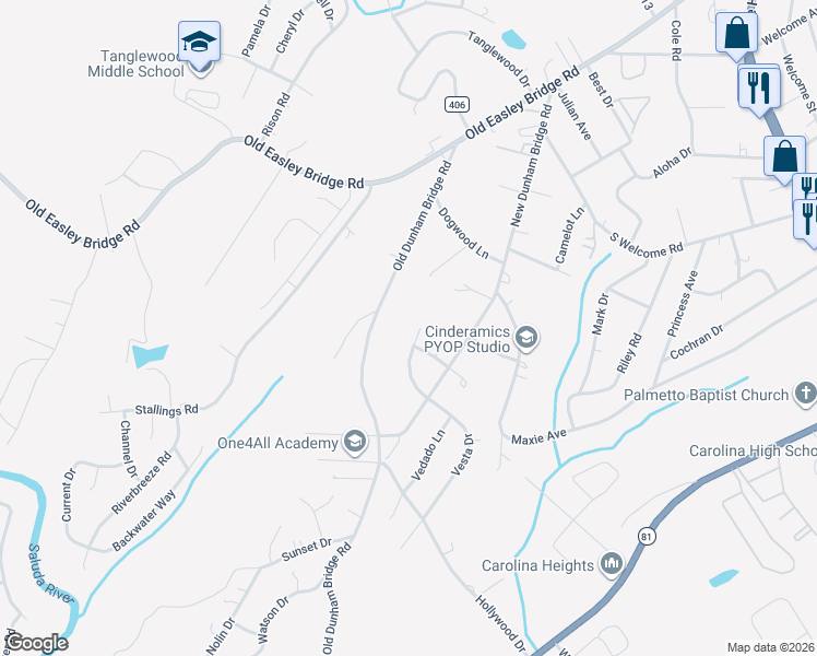 map of restaurants, bars, coffee shops, grocery stores, and more near 107 Mona Way in Greenville