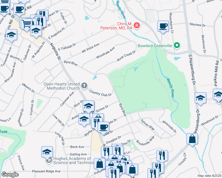 map of restaurants, bars, coffee shops, grocery stores, and more near 242 Byrd Boulevard in Greenville