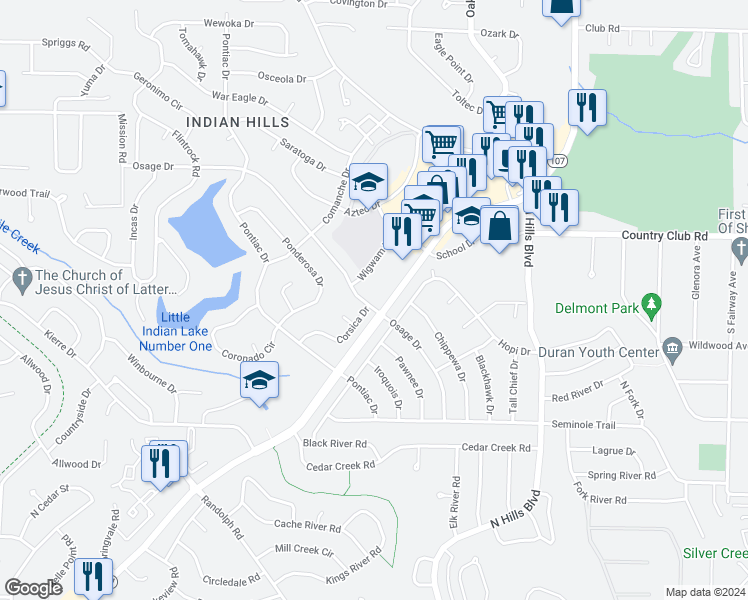 map of restaurants, bars, coffee shops, grocery stores, and more near 2305 Osage Drive in North Little Rock