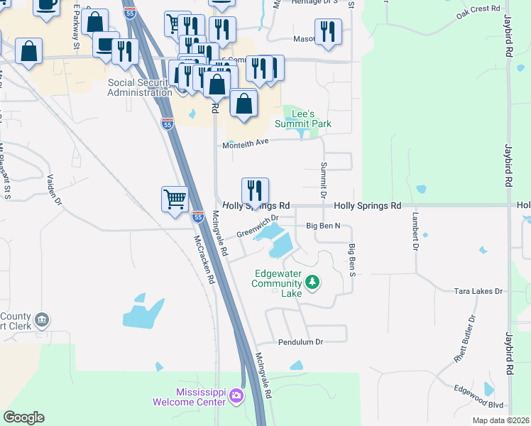 map of restaurants, bars, coffee shops, grocery stores, and more near 1204 Greenwich Drive in Hernando