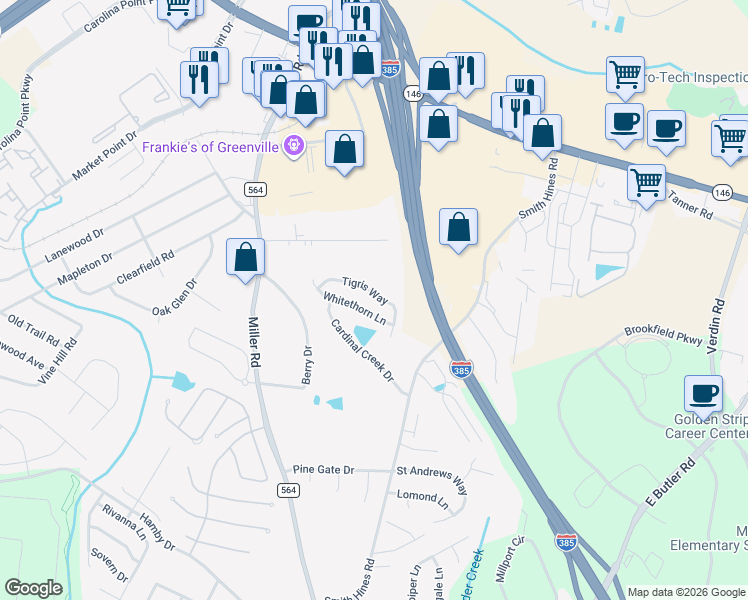 map of restaurants, bars, coffee shops, grocery stores, and more near 24 Tigris Way in Greenville