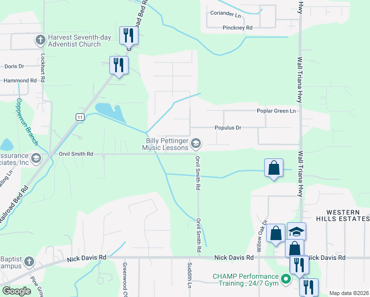 map of restaurants, bars, coffee shops, grocery stores, and more near 341 Orvil Smith Road in Harvest