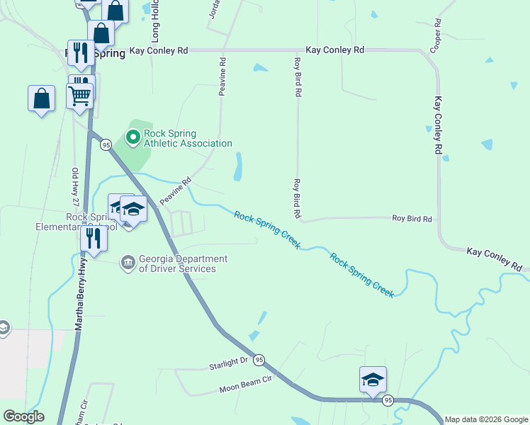 map of restaurants, bars, coffee shops, grocery stores, and more near 560 Roy Bird Road in Rock Spring