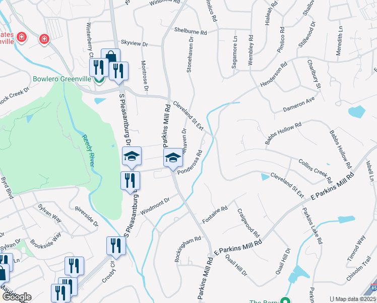 map of restaurants, bars, coffee shops, grocery stores, and more near 133 Stonehaven Drive in Greenville