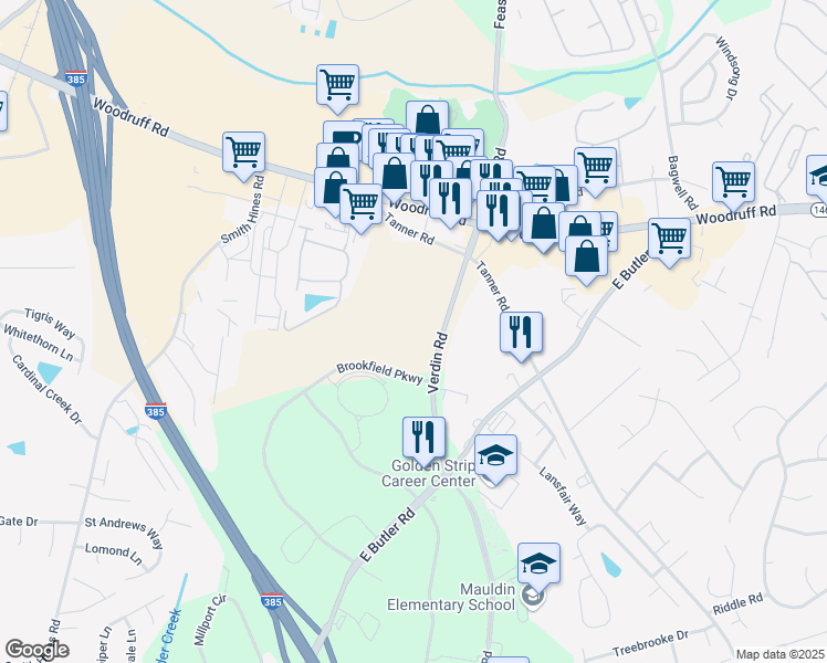 map of restaurants, bars, coffee shops, grocery stores, and more near 733 Brookfield Parkway in Greenville