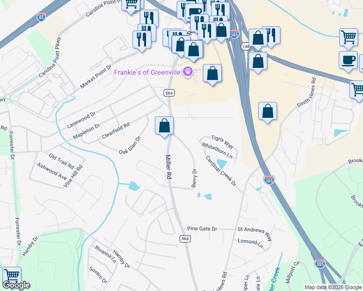 map of restaurants, bars, coffee shops, grocery stores, and more near 121 Berry Drive in Greenville