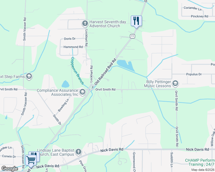 map of restaurants, bars, coffee shops, grocery stores, and more near 615 Orvil Smith Road in Harvest