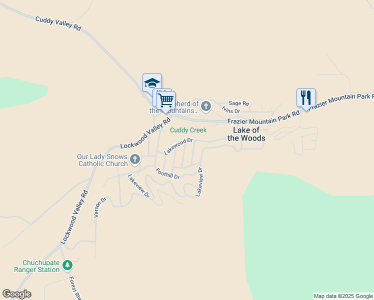 map of restaurants, bars, coffee shops, grocery stores, and more near 228 Chaparral Street in Frazier Park