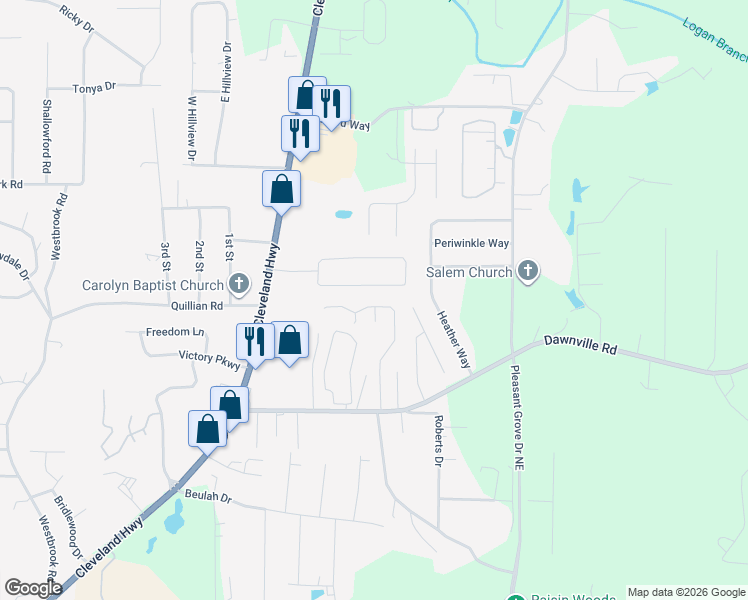 map of restaurants, bars, coffee shops, grocery stores, and more near 3072 Striplin Trail in Dalton