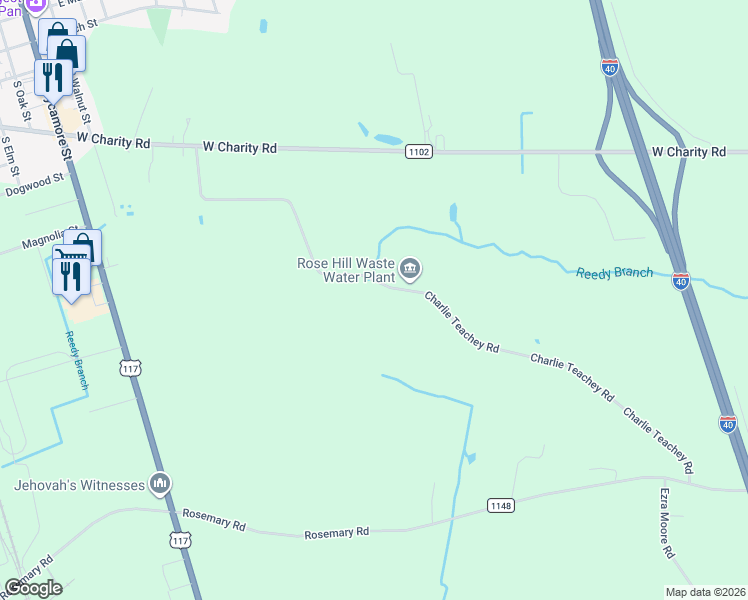 map of restaurants, bars, coffee shops, grocery stores, and more near 272 Charlie Teachey Road in Rose Hill