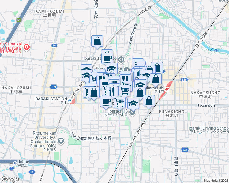 map of restaurants, bars, coffee shops, grocery stores, and more near in Ibaraki