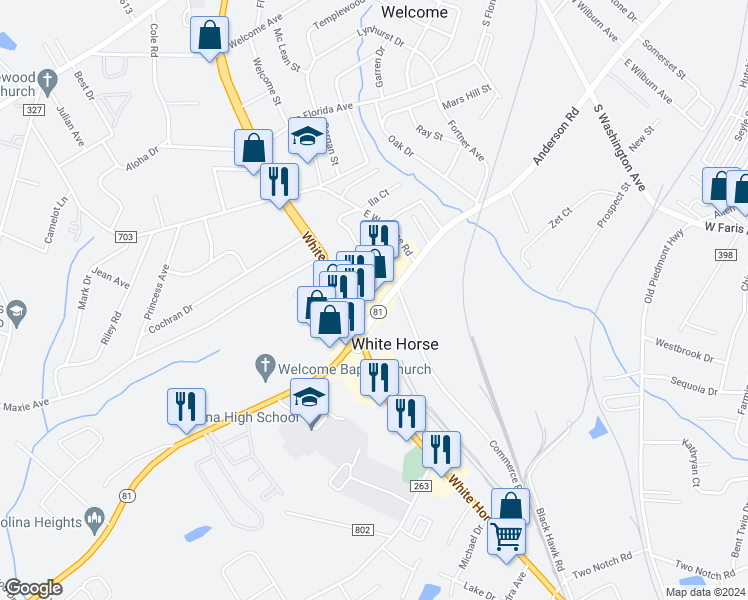 map of restaurants, bars, coffee shops, grocery stores, and more near 2616 Anderson Road in Greenville