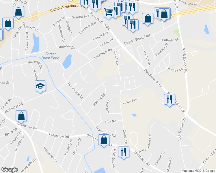 map of restaurants, bars, coffee shops, grocery stores, and more near 126 Halifax Road in Easley