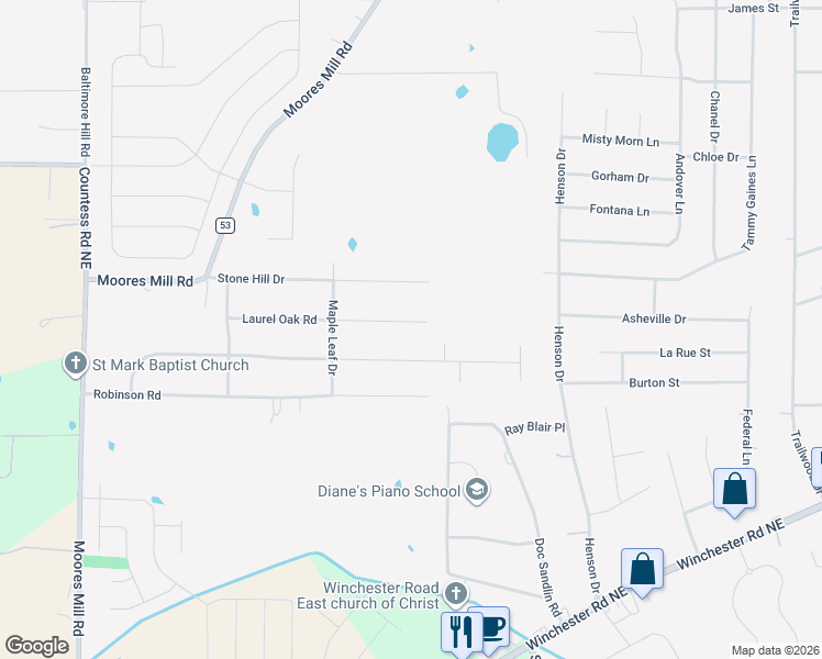 map of restaurants, bars, coffee shops, grocery stores, and more near 142 Laurel Oak Road in Huntsville
