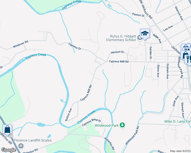 map of restaurants, bars, coffee shops, grocery stores, and more near 102 Doris Lane in Florence