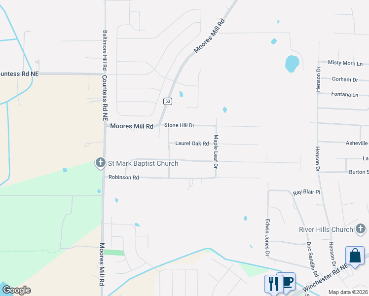 map of restaurants, bars, coffee shops, grocery stores, and more near 106 Laurel Oak Road in Huntsville