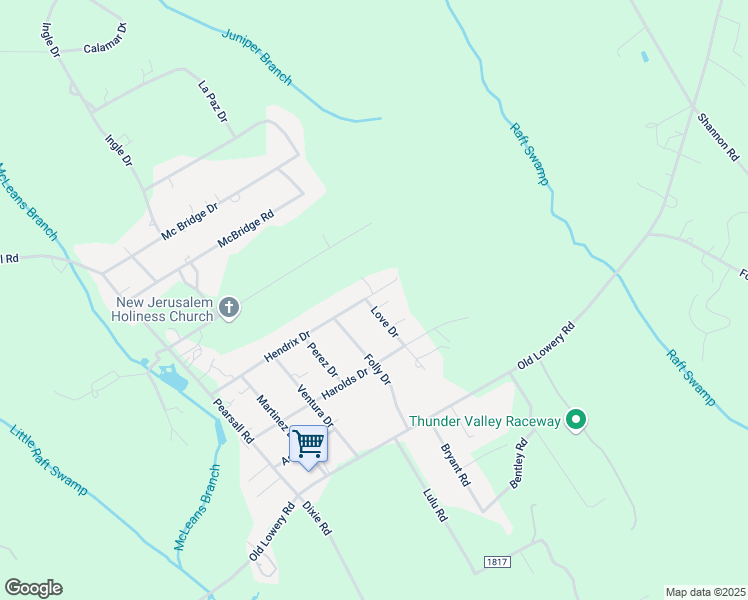 map of restaurants, bars, coffee shops, grocery stores, and more near 121 Love Drive in Red Springs