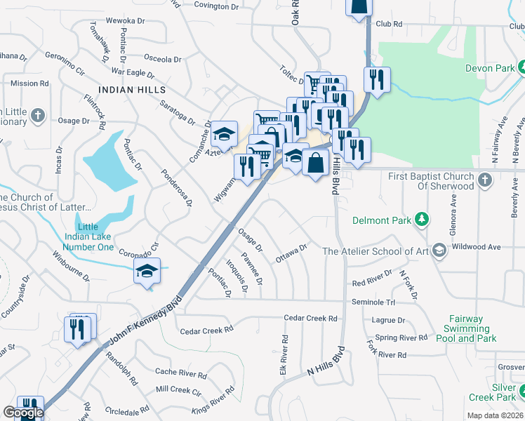 map of restaurants, bars, coffee shops, grocery stores, and more near 6704 Navajo Trail in North Little Rock