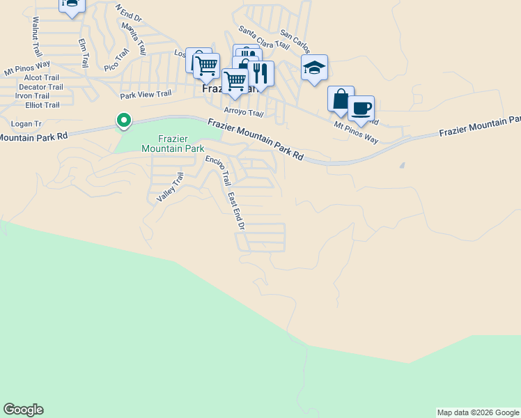 map of restaurants, bars, coffee shops, grocery stores, and more near 3432 Ohio Trail in Frazier Park