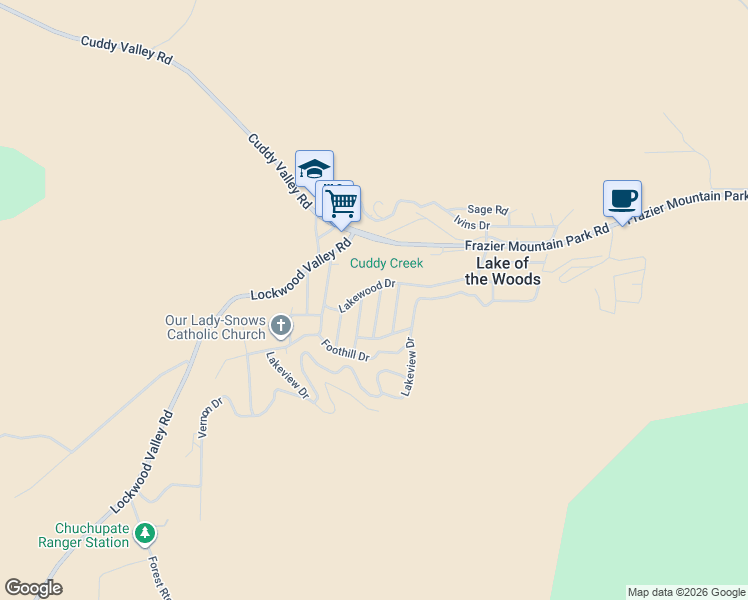 map of restaurants, bars, coffee shops, grocery stores, and more near 233 Chaparral Street in Frazier Park