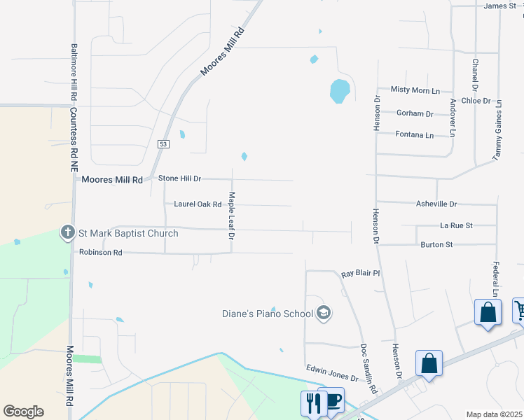 map of restaurants, bars, coffee shops, grocery stores, and more near 134 Laurel Oak Road in Huntsville
