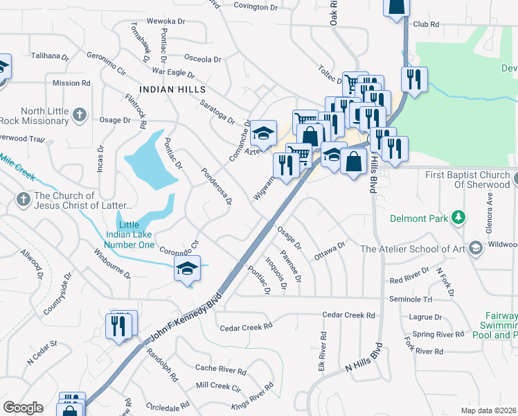 map of restaurants, bars, coffee shops, grocery stores, and more near 2205 Osage Drive in North Little Rock