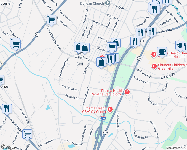 map of restaurants, bars, coffee shops, grocery stores, and more near 13 Farmington Road in Greenville