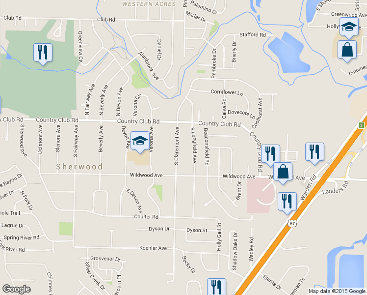 map of restaurants, bars, coffee shops, grocery stores, and more near 206 South Claremont Avenue in Sherwood