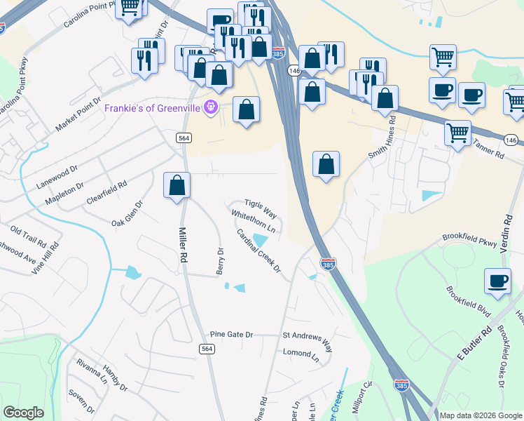 map of restaurants, bars, coffee shops, grocery stores, and more near 24 Tigris Way in Greenville