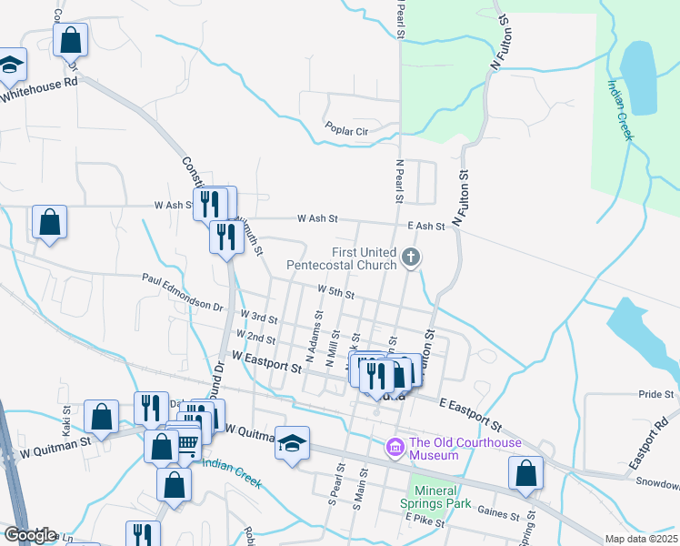 map of restaurants, bars, coffee shops, grocery stores, and more near 651-755 North Mill Street in Iuka