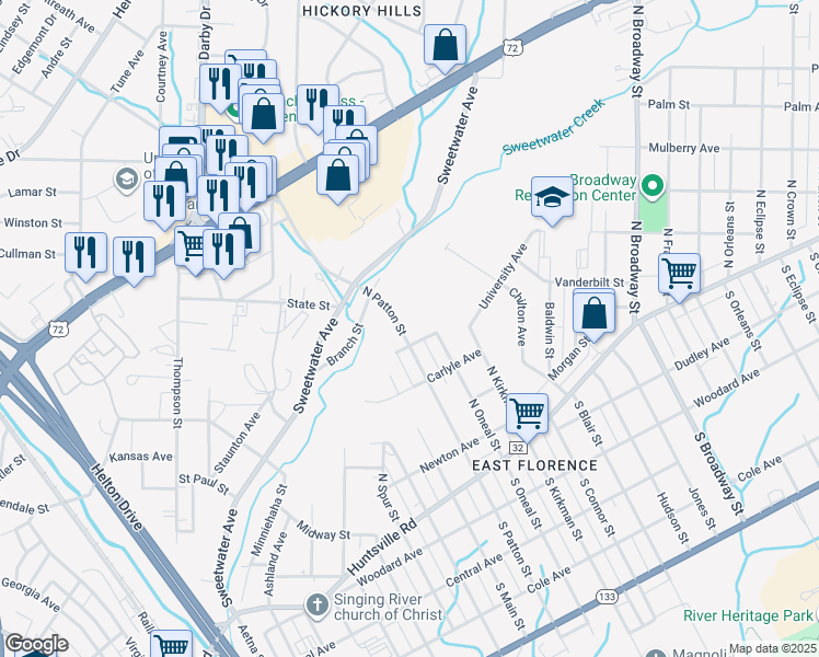 map of restaurants, bars, coffee shops, grocery stores, and more near 522 North Patton Street in Florence