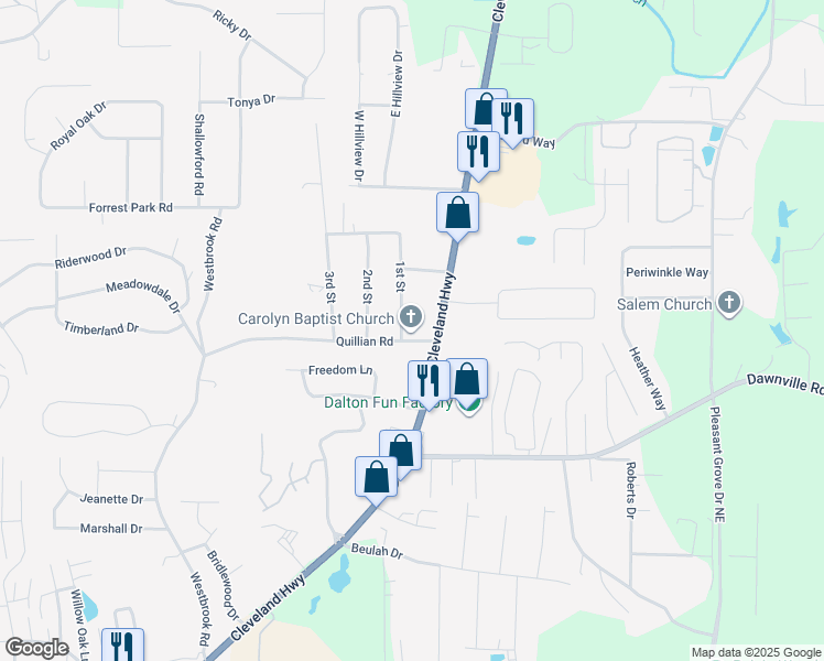 map of restaurants, bars, coffee shops, grocery stores, and more near 2305 Cleveland Highway in Dalton