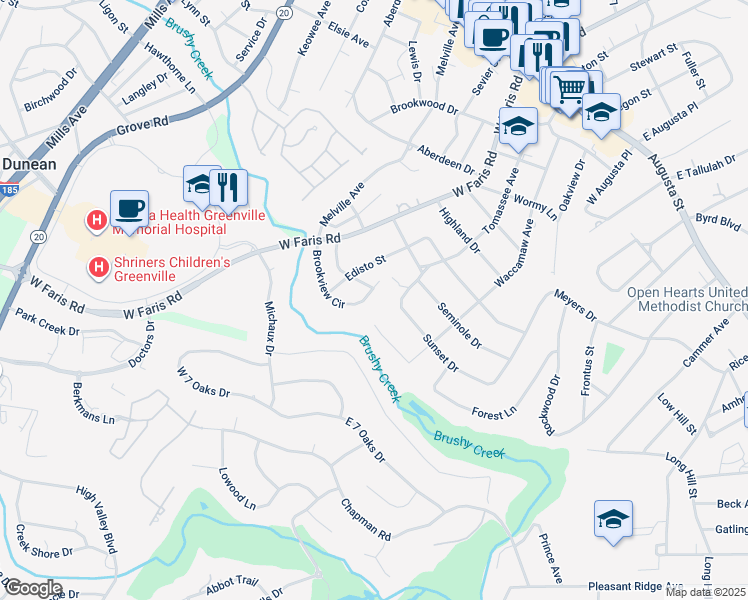map of restaurants, bars, coffee shops, grocery stores, and more near 124 Brookview Circle in Greenville