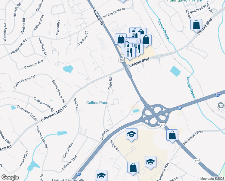 map of restaurants, bars, coffee shops, grocery stores, and more near 101 Ridge Road in Greenville