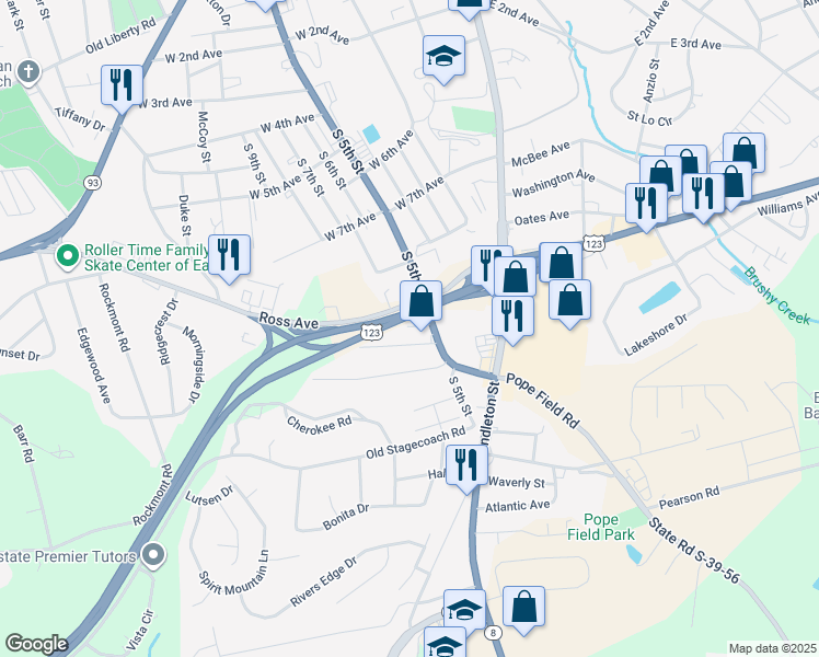 map of restaurants, bars, coffee shops, grocery stores, and more near 105 Autumn Lane in Easley