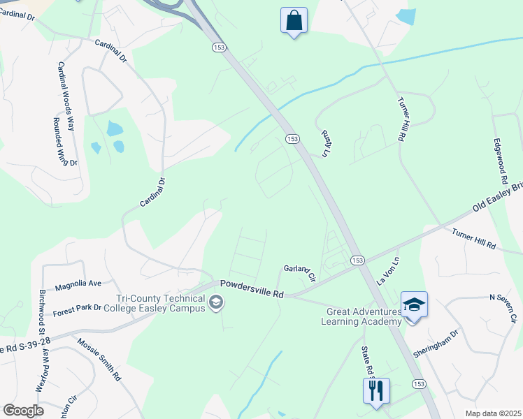 map of restaurants, bars, coffee shops, grocery stores, and more near 933 Cardinal Drive in Easley