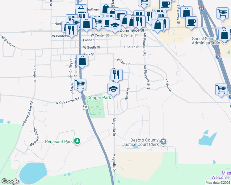 map of restaurants, bars, coffee shops, grocery stores, and more near 17 East Oak Grove Road in Hernando