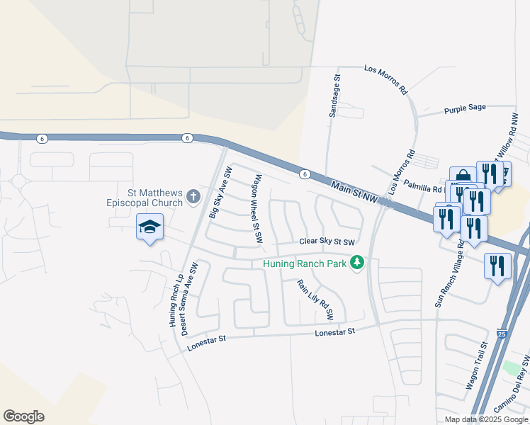 map of restaurants, bars, coffee shops, grocery stores, and more near 301 Open Range Avenue Southwest in Los Lunas