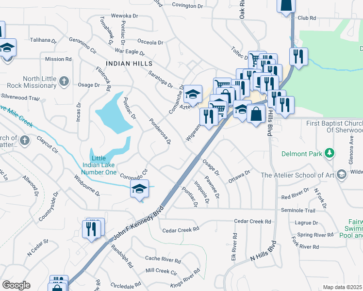 map of restaurants, bars, coffee shops, grocery stores, and more near 2112 Osage Drive in North Little Rock