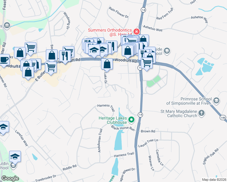 map of restaurants, bars, coffee shops, grocery stores, and more near 96 Forest Lake Drive in Simpsonville