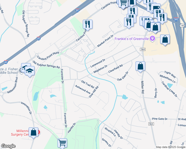 map of restaurants, bars, coffee shops, grocery stores, and more near 135 Mapleton Drive in Greenville