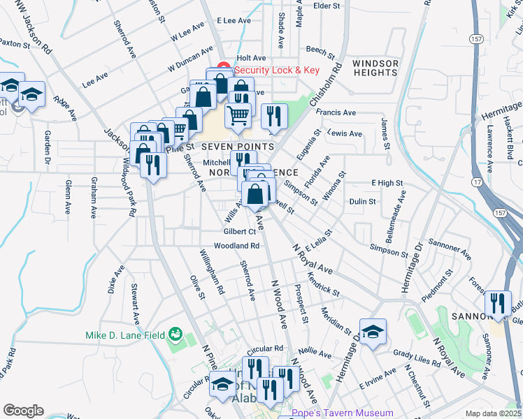 map of restaurants, bars, coffee shops, grocery stores, and more near 1128 North Wood Avenue in Florence