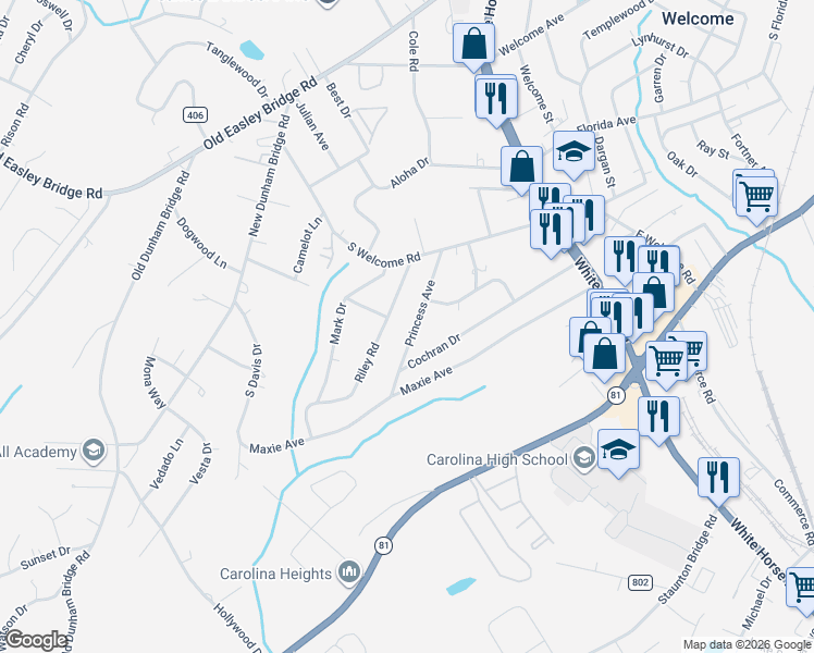 map of restaurants, bars, coffee shops, grocery stores, and more near 106 Princess Avenue in Greenville