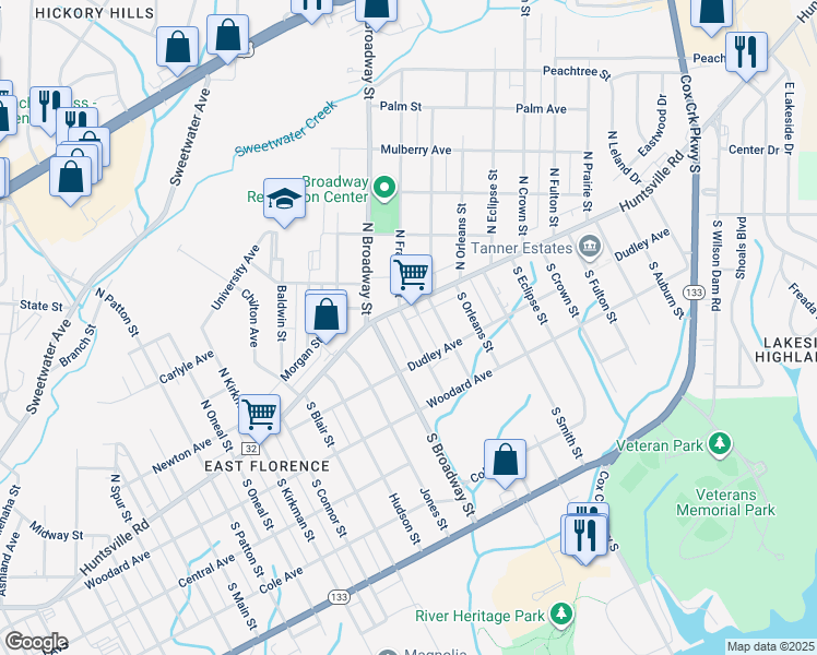 map of restaurants, bars, coffee shops, grocery stores, and more near 24 South Franklin Street in Florence