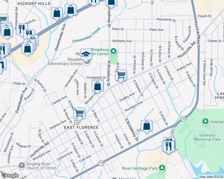 map of restaurants, bars, coffee shops, grocery stores, and more near South Broadway Street in Florence