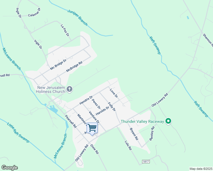 map of restaurants, bars, coffee shops, grocery stores, and more near 121 Love Drive in Red Springs